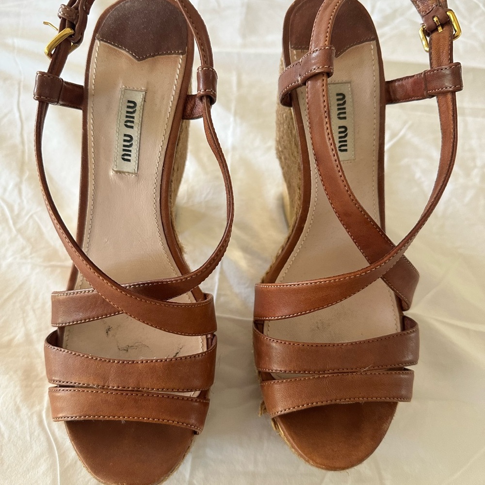 Miu Miu Tan Leather Wedge Sandals